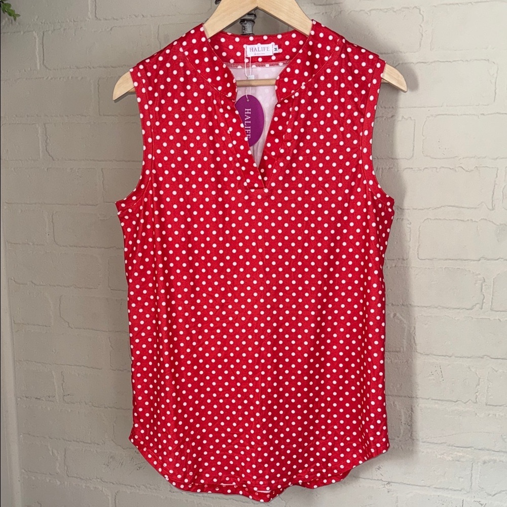 Polka dot shirt blouse super soft medium sleeveless Halife v neck NEW